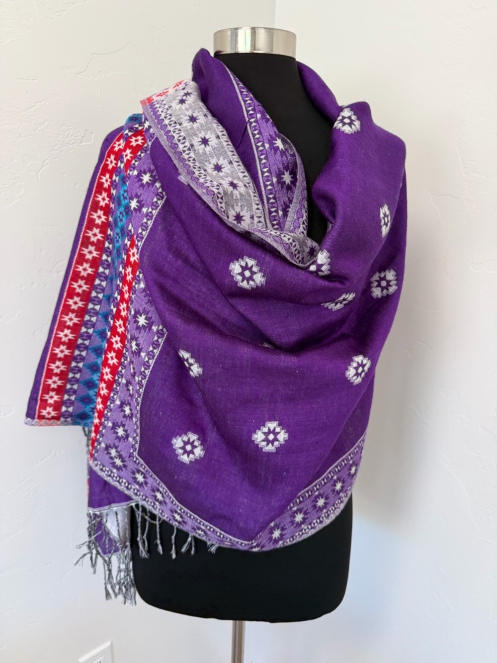 Pashmina LSM Purple Wrap Multicolor Accents Fringe Scarf Shawl Size 68x27